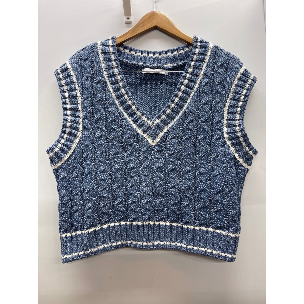Altar'd State Blue Cable Knit V-Neck Sweater Vest XL Chenille Trimmed Preppy